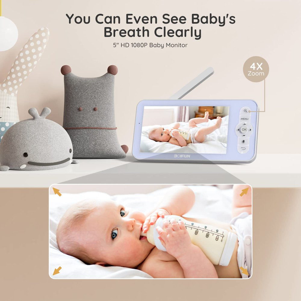 BOIFUN Baby Monitor with Remote Pan-Tilt-Zoom, 1080P, Cry and Motion Detection, 300M Long Range, APP, Night Vision, 5'' Wireless Baby Monitor with Camera and Audio (Supports 2.4Ghz WiFi Only)