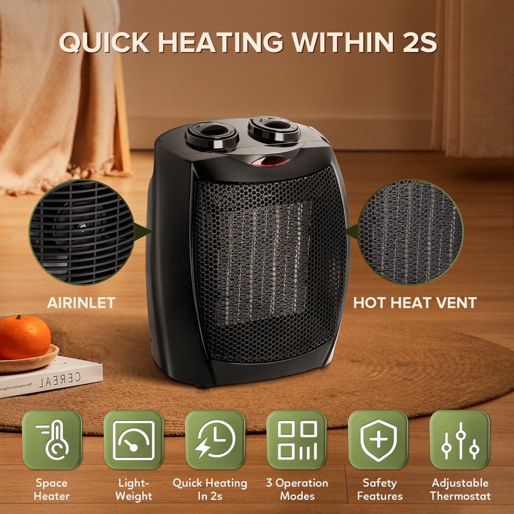 KISSAIR Compact 1500W/750W Space Heater with Thermostat - ETL Certified Ceramic Portable Heater Fan, Ideal for Home/Dorm/Office/Kitchen, Black