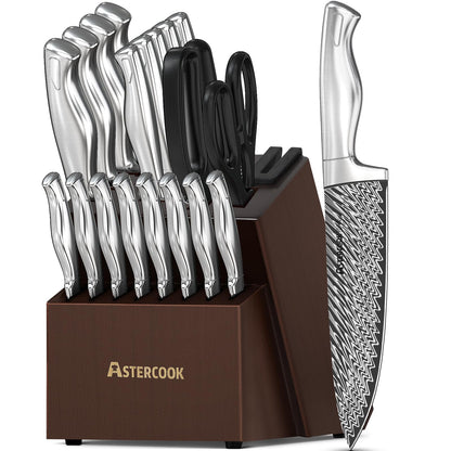 Astercook Knife Set, 20 Pieces Kitchen Knife Set with Block, Built-in Knife Sharpener, German Stainless Steel Knife Block Set, Dishwasher Safe