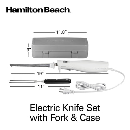 Hamilton Beach Electric Knife Set For Carving Meats, Poultry, Bread, Crafting Foam & More, Reciprocating Serrated Stainless Steel Blades, Ergonomic Design Storage Case + Fork Included, 5FT Cord, White