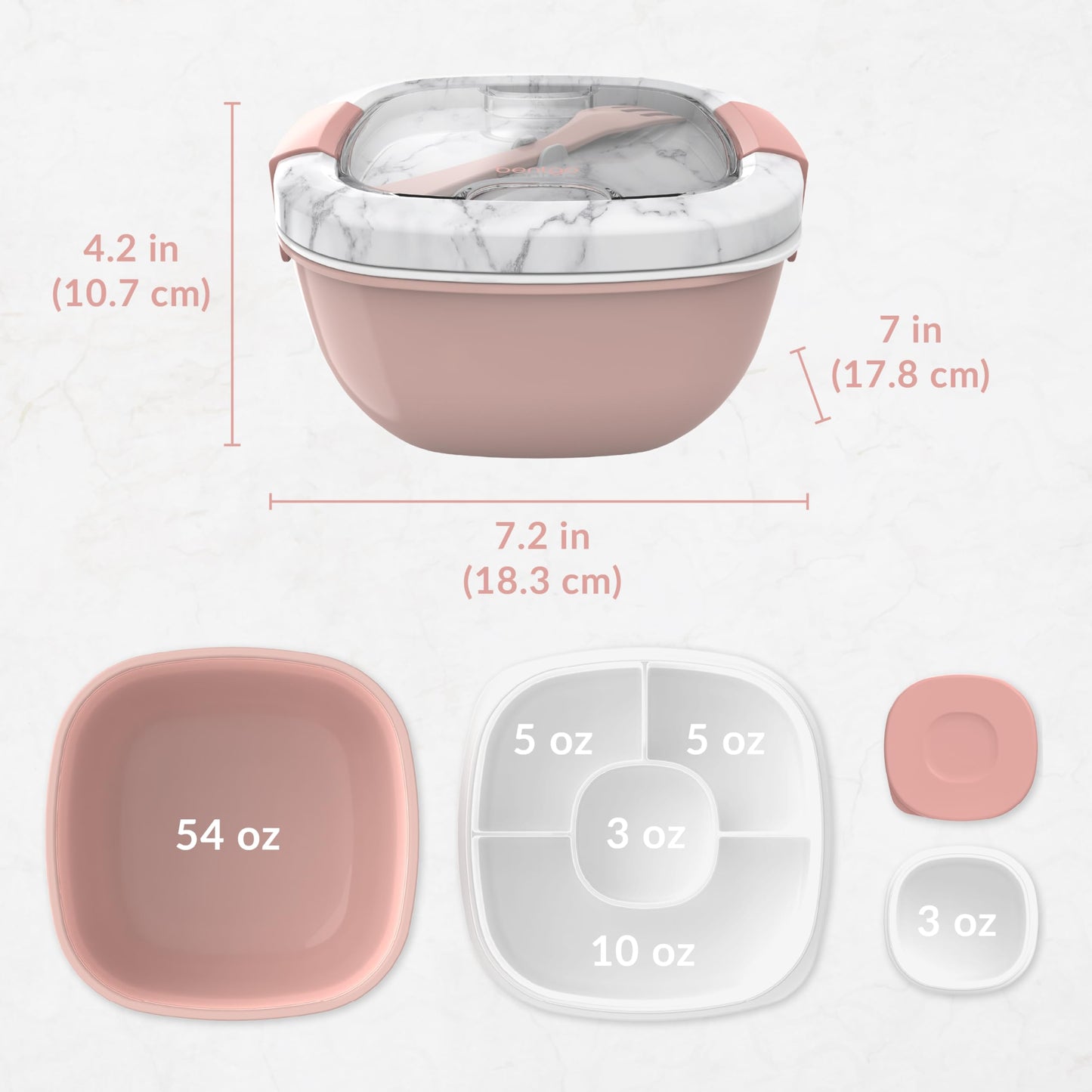 Bentgo® All-in-One Salad Container - Large Salad Bowl, Bento Box Tray, Leak-Proof Sauce Container, Airtight Lid, & Fork for Healthy Adult Lunches; BPA-Free & Dishwasher/Microwave Safe (Blush Marble)