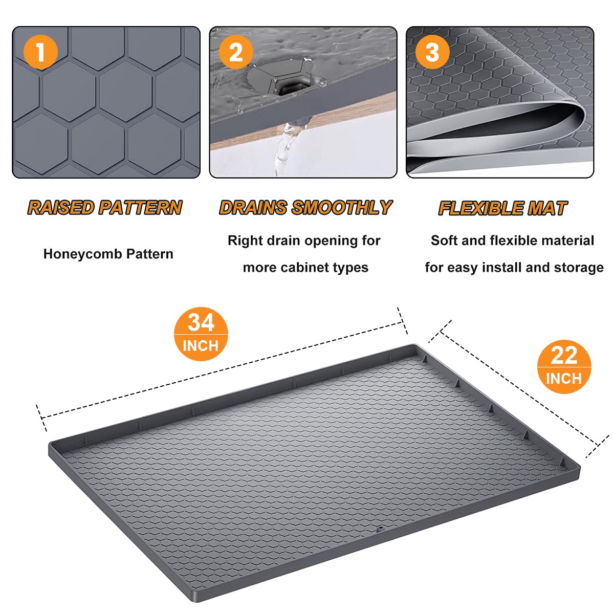 Sdpeia Under Sink Mat for [34" x 22"] Cabinet, Silicone Waterproof Mat, Kitchen Cabinet Liner Holds Over 2.2 Gallons, Cabinet Protector, Under Sink Tray for Drips, Leaks, Spills (Grey)