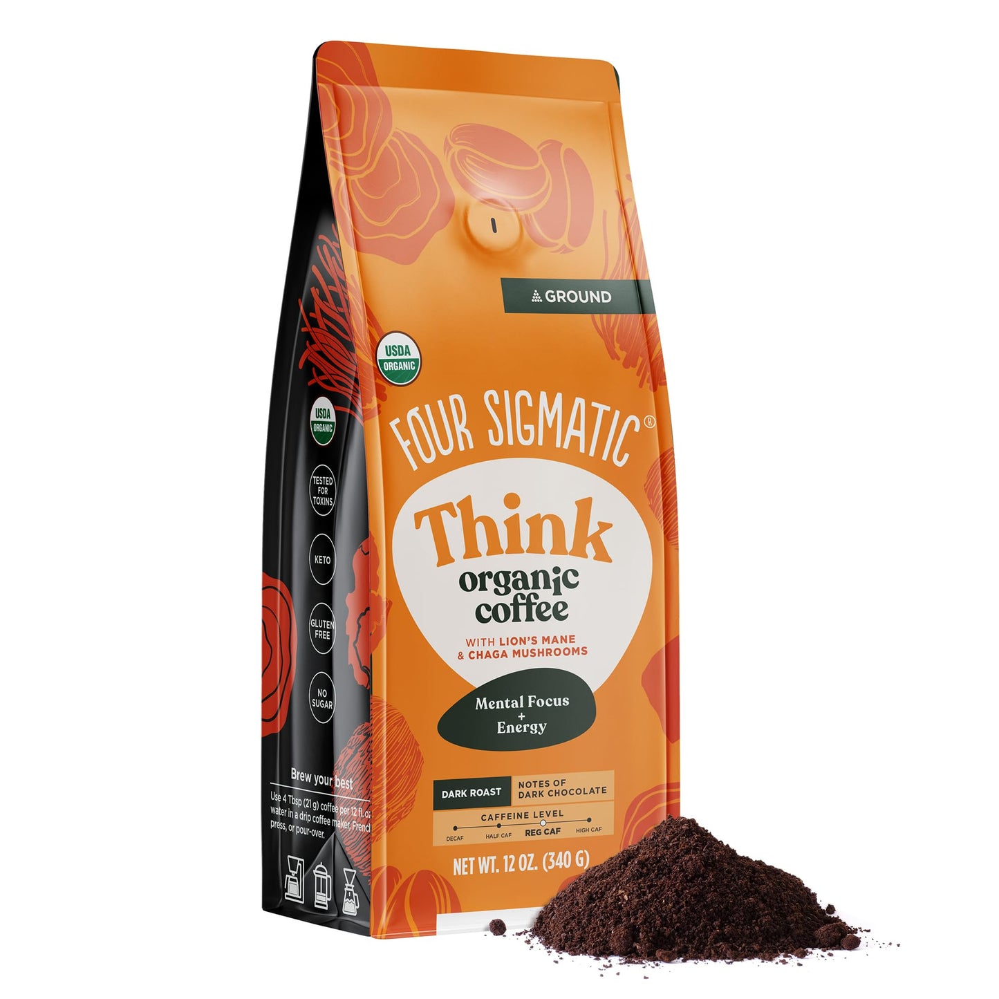 Four Sigmatic Organic Ground Mushroom Coffee | Dark Roast Gourmet Coffee with Lion's Mane & Chaga | 12oz