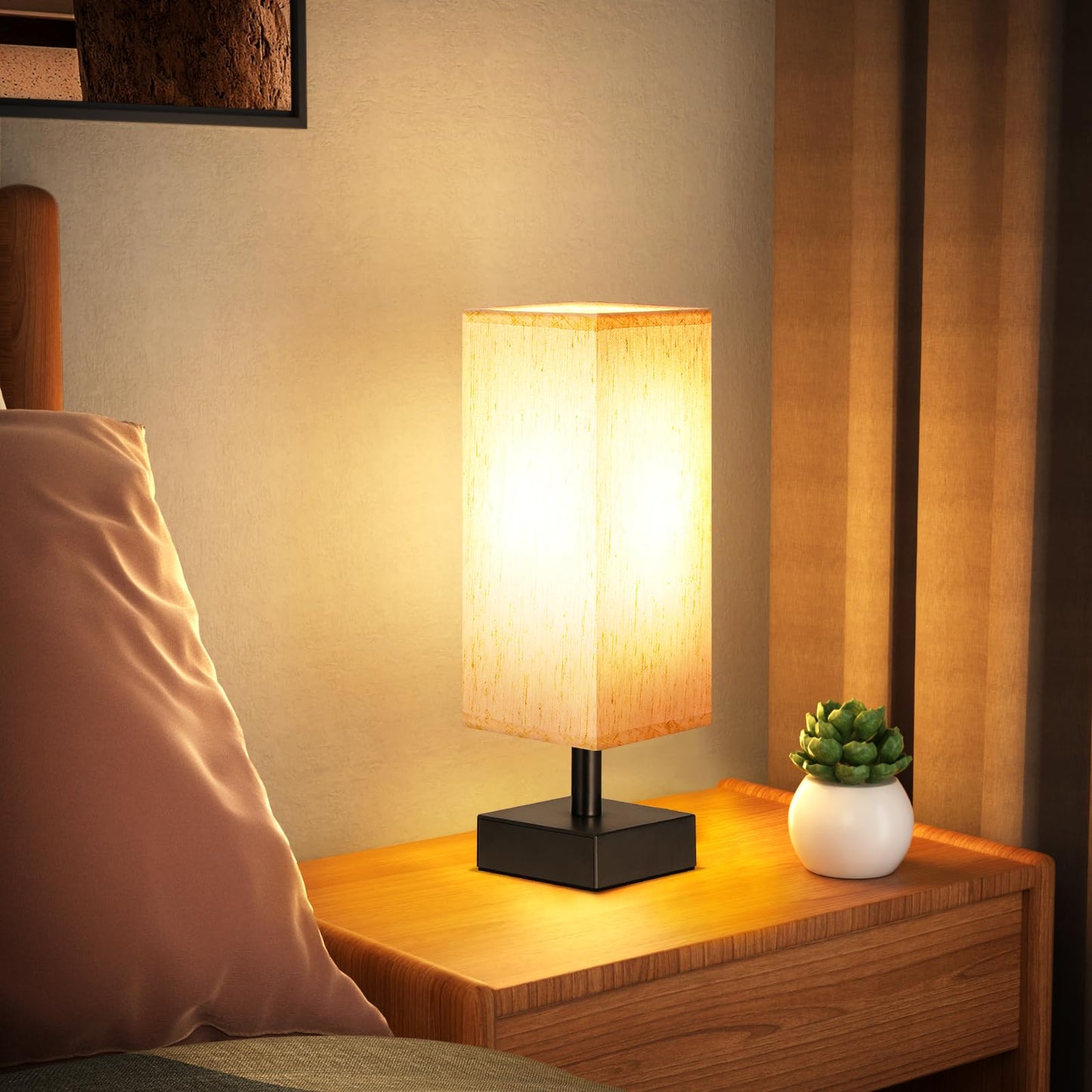 Small Table Lamp for Bedroom - Bedside Lamps for Nightstand, Minimalist Night Stand Light Lamp with Square Fabric Shade, Desk Reading Lamp for Kids Room Living Room Office Dorm