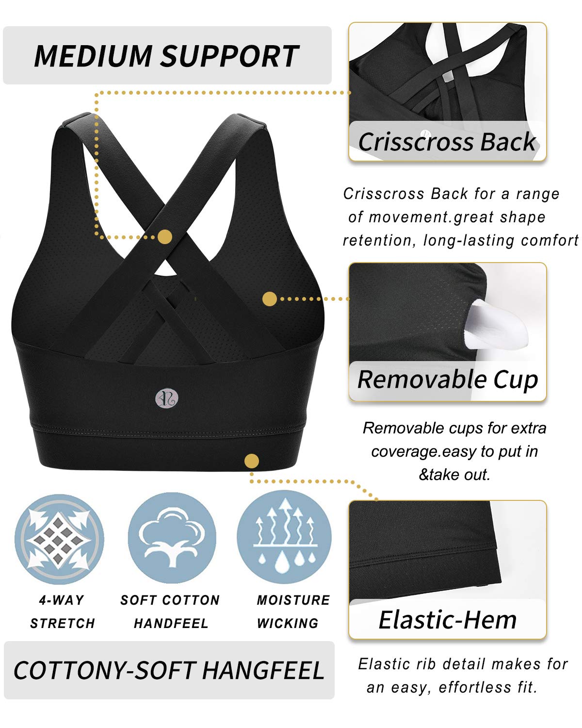 RUNNING GIRL Sports Bra for Women, Criss-Cross Back Padded Strappy Sports Bras Medium Support Yoga Bra with Removable Cups A-Black