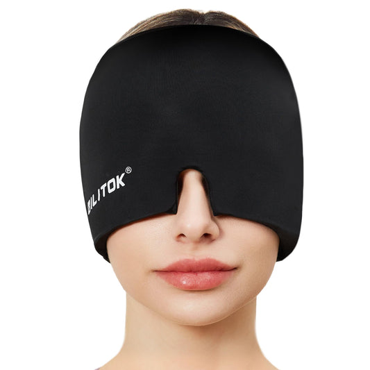 EXQUISLIFE Migraine Headache Relief Cap, Gel Ice Head Wrap, Hot and Cold Therapy, Headache Eyes Mask for Sinus, Puffy Eyes, Tension and Stress Relief (Black)