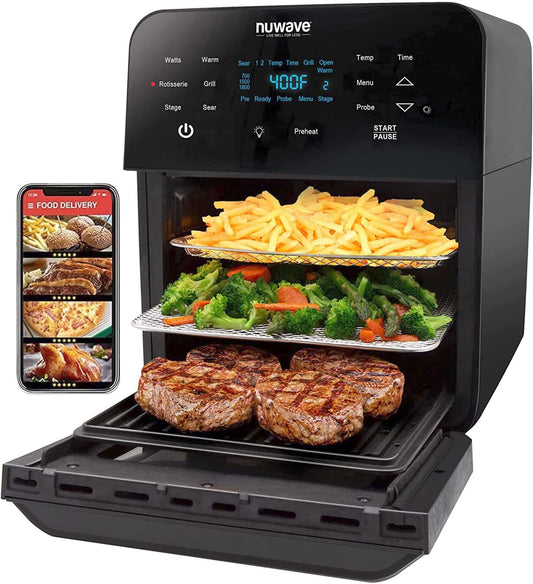 Nuwave Brio 15.5Qt Air Fryer Rotisserie Oven, X-Large Family Size, Powerful 1800W, 4 Rack Positions, 50°-425°F Temp Controls, 100 Presets & 50 Memory, Integrated Smart Thermometer, Linear T Technology