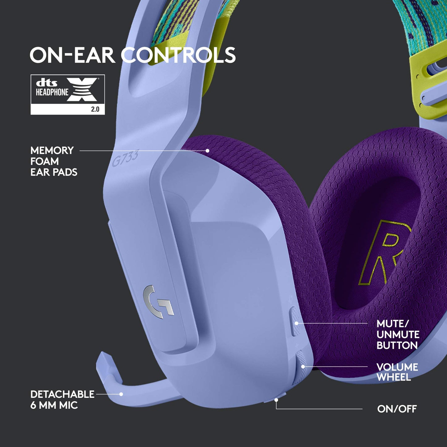 Logitech G733 LIGHTSPEED Wireless Gaming Headset with suspension headband, LIGHTSYNC RGB, Blue VO!CE mic technology and PRO-G audio drivers - Lilac