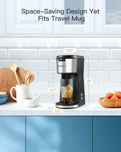 Famiworths Iced Coffee Maker, Hot and Cold Coffee Maker Single Serve for K Cup and Ground, with Descaling Reminder and Self Cleaning, Iced Coffee Machine for Home, Office and RV