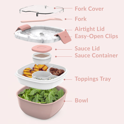 Bentgo® All-in-One Salad Container - Large Salad Bowl, Bento Box Tray, Leak-Proof Sauce Container, Airtight Lid, & Fork for Healthy Adult Lunches; BPA-Free & Dishwasher/Microwave Safe (Blush Marble)