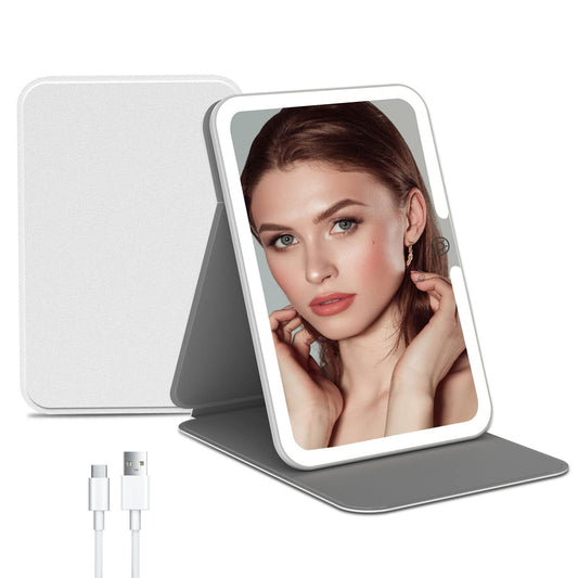 Rechargeable Travel Lighted Makeup Vanity Mirror with PU Leather Cover,Portable Travel Makeup Mirror with lights,3 Color Lighting,Touch Sensor Dimmable, Light Up Tabletop Cosmetic Mirror Folding White