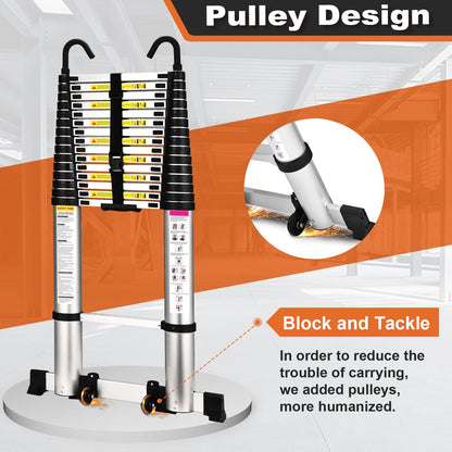 Telescoping Ladder, SocTone 20.3 FT Aluminum Lightweight Extension Ladder with Wheels and Stabilizer Bar, Heavy Duty 330lbs Max Capacity, Multi-Purpose Collapsible Ladder for RV or Outdoor Work