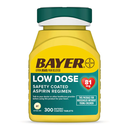 Bayer Aspirin Low Dose 81 mg, Enteric Coated Tablets, Doctor Recommended, Secondary Prevention of Cardiovascular Disease, 300 Safety Coated Tablets