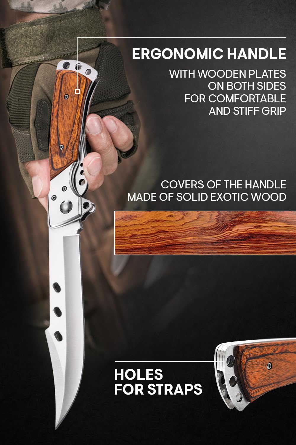 Long Blade Folding Knife - Sharp Hunting Hiking Camping Tactical Survival Work Knives for Men Women - Foldable Large Knife with Rosewood Handle - Fits any Knife Sharpener - Gift for Dad Husband 4172