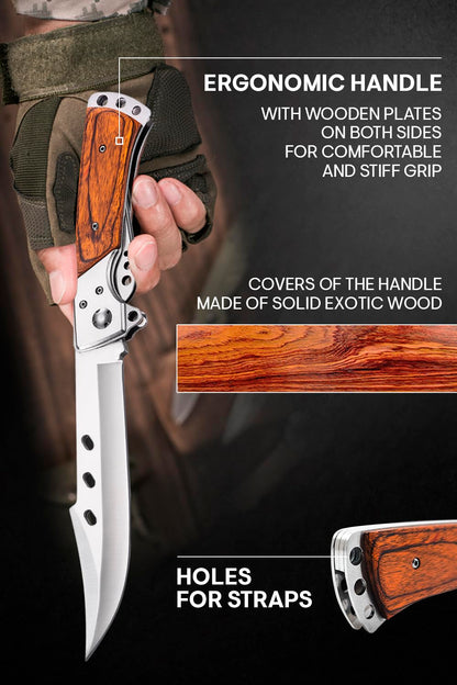 Long Blade Folding Knife - Sharp Hunting Hiking Camping Tactical Survival Work Knives for Men Women - Foldable Large Knife with Rosewood Handle - Fits any Knife Sharpener - Gift for Dad Husband 4172