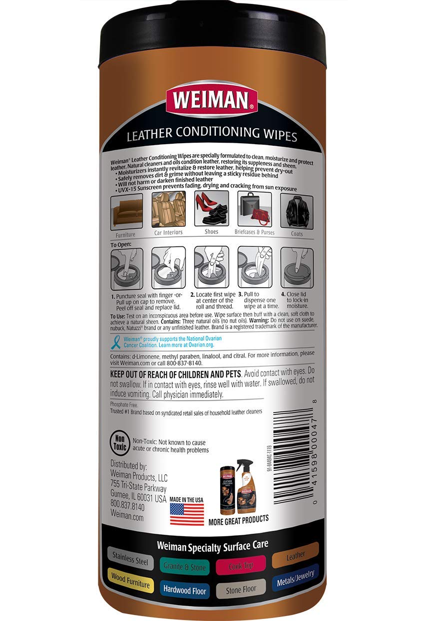 Weiman Leather Cleaner & Conditioner Wipes With UV Protection, Prevent Cracking Or Fading Of Leather Couches, Car Seats, Shoes, Purses - 30 ct