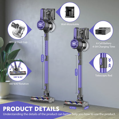 Vacuum Cleaner Cordless Vacuum Cleaner,Stick Vacuum Cleaner with Powerful Suction,Rechargeable Vacuum 2200mAh Battery Up to 30 Mins Runtime Lightweight Vacuum Cleaner for Pet Hair Hardwood Floor