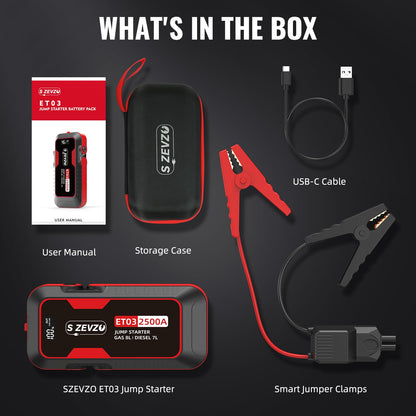 S ZEVZO ET03 Car Jump Starter 2500A Jump Starter Battery Pack for Up to 8.0L Gas and 7.0L Diesel Engines, 74Wh Portable 12V Jump Box with USB Ports, LCD Display, Storage Case, and LED Light