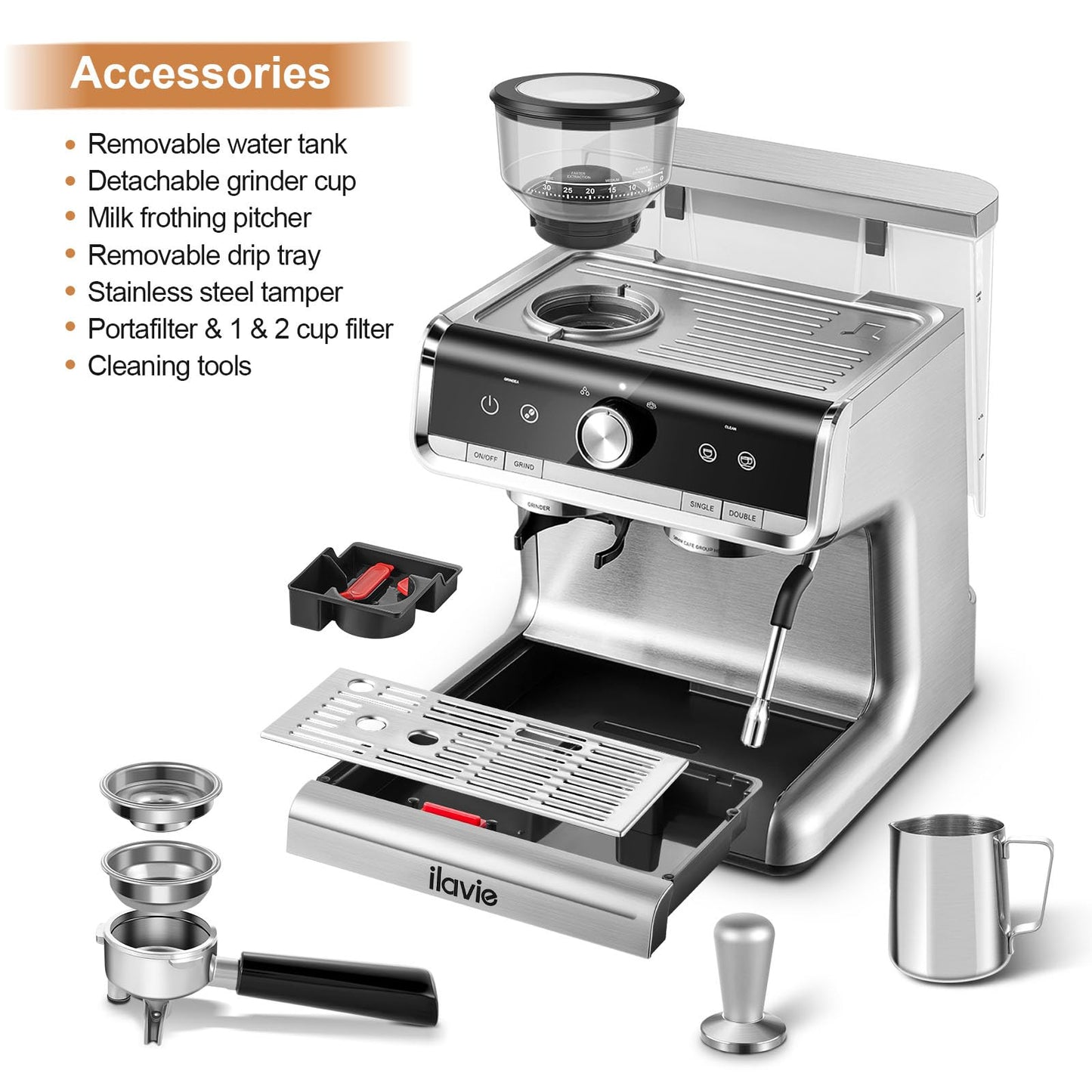 ILAVIE Espresso Machine with Grinder, Barista Espresso Maker for Home, 20 Bar Super-Automatic Espresso Machines for Espresso & Cappuccina & Latte, 2.8L Water Tank, 1450W