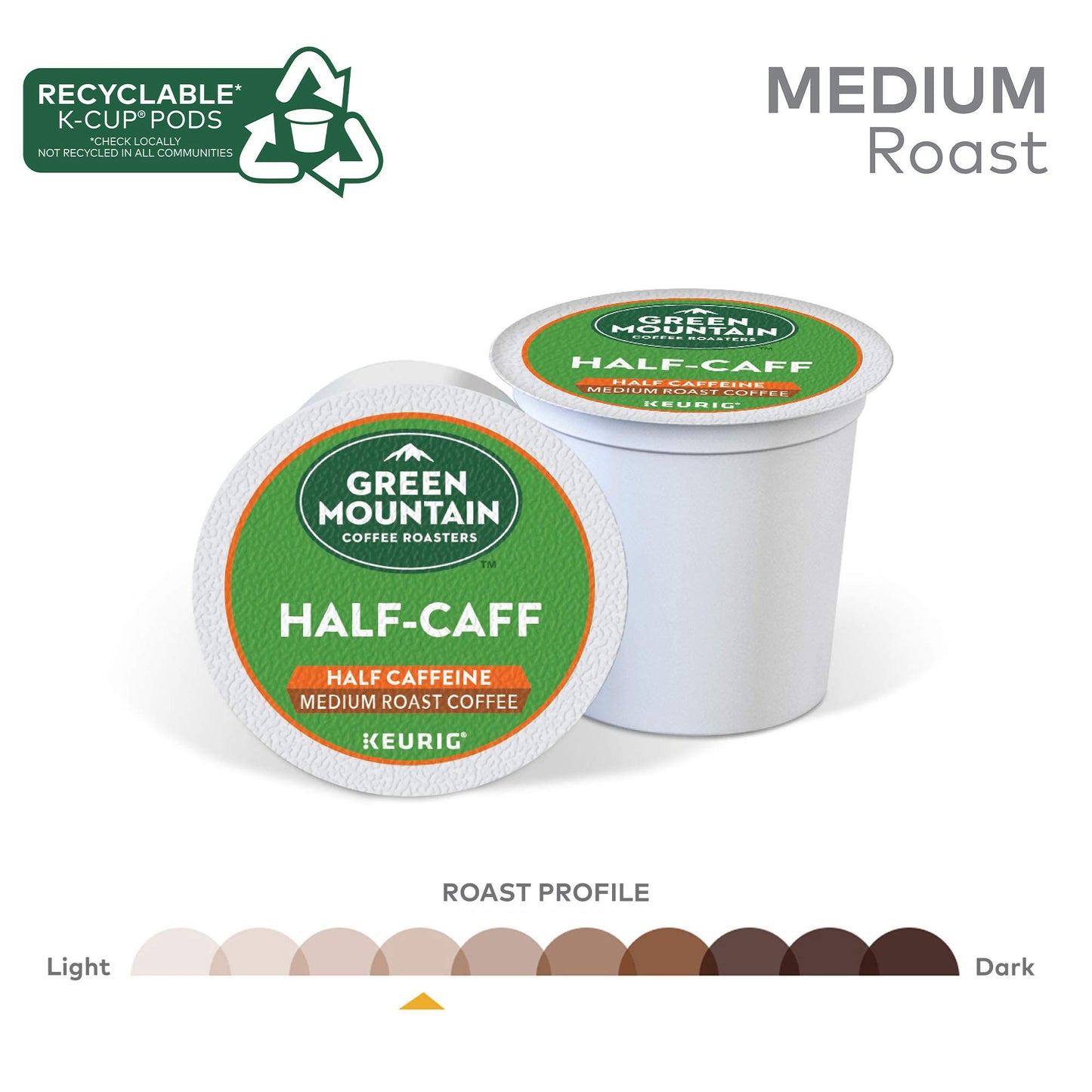 Green Mountain Coffee Roasters Half Caff Keurig Single-Serve K-Cup pods, Medium Roast Coffee, 72 Count (6 Packs of 12)