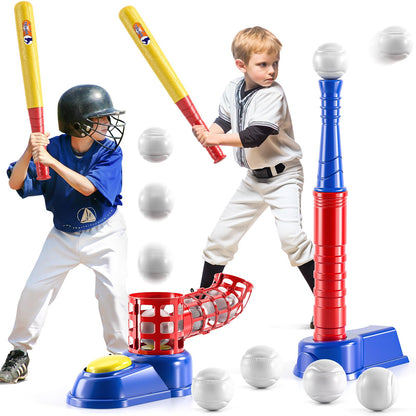 TEMI 2 in 1 Tee Ball Set for Kids 3-5|5-8, Kids Baseball Tee, T-Ball Set with 10 Balls, Step on Pitching Machine, Batting Tee, Outdoor Sport Toy Games for 3 4 5 6 7 8 Year Old Boys Kids Toddler