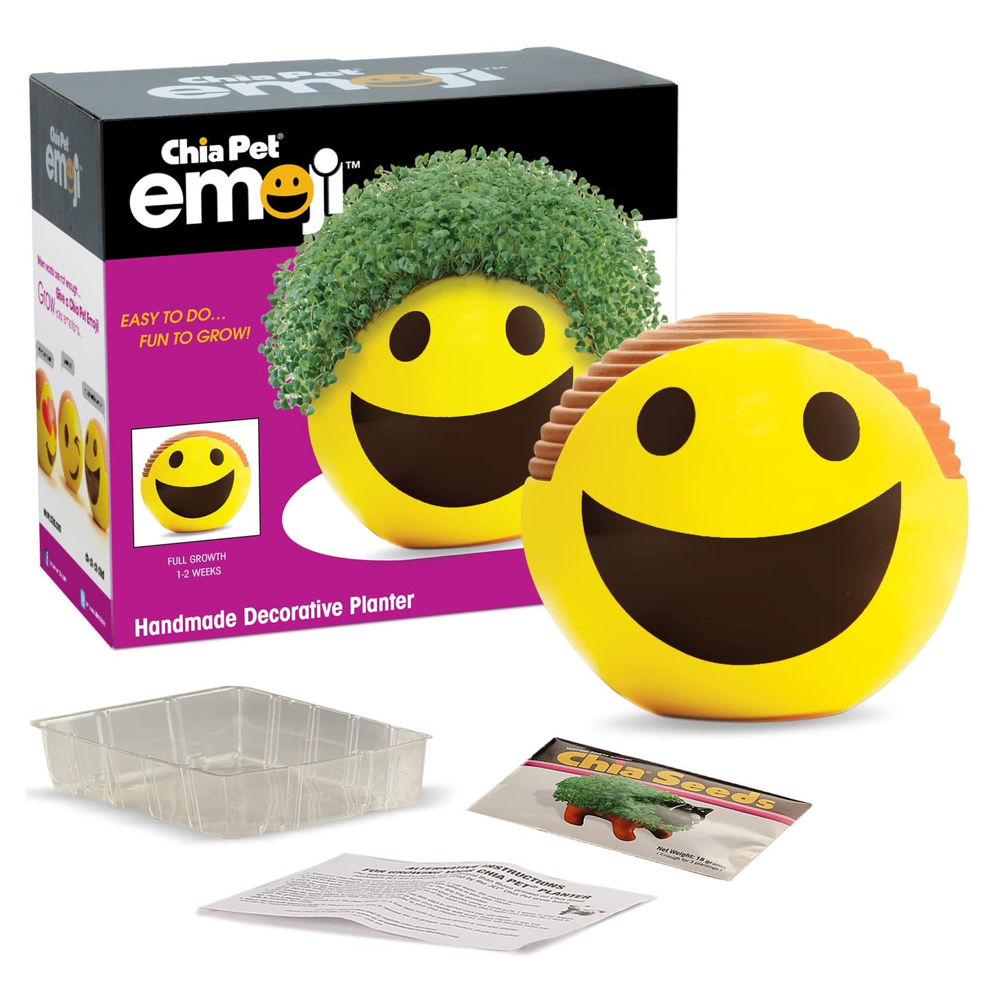 Chia Pet Emoji Smiley with Seed Pack, Decorative Pottery Planter, Easy to Do and Fun to Grow, Novelty Gift, Perfect for Any Occasion