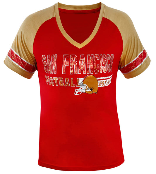 Womens City Football Fans Vintage Sporty V Neck Tee Shirts - Golden & Red Size: X-Large