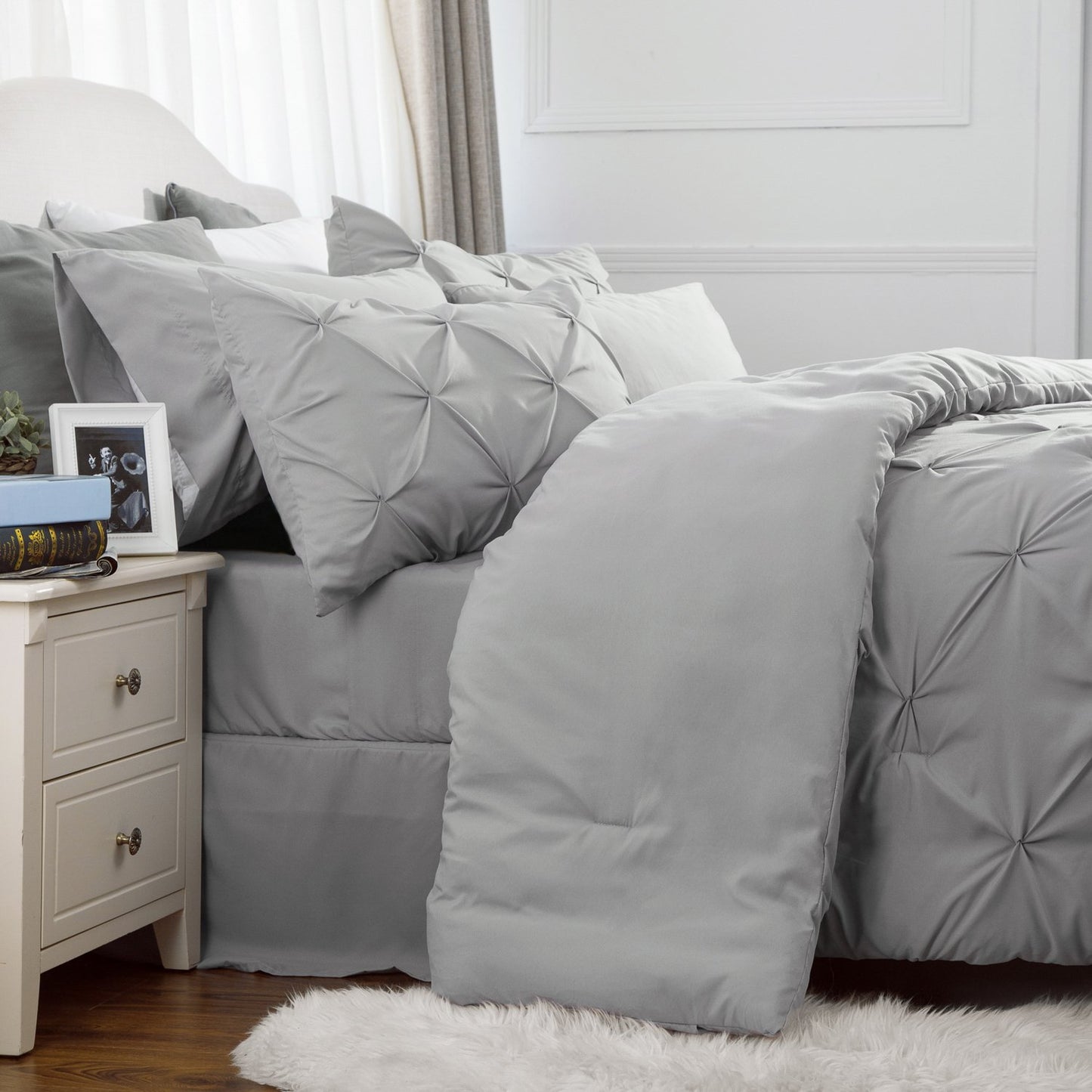 Bedsure Queen Comforter Set - 7 Pieces Comforters Queen Size Grey, Pintuck Bedding Sets Queen for All Season, Bed in a Bag with Flat Sheet and Fitted Sheet, Pillowcases & Shams