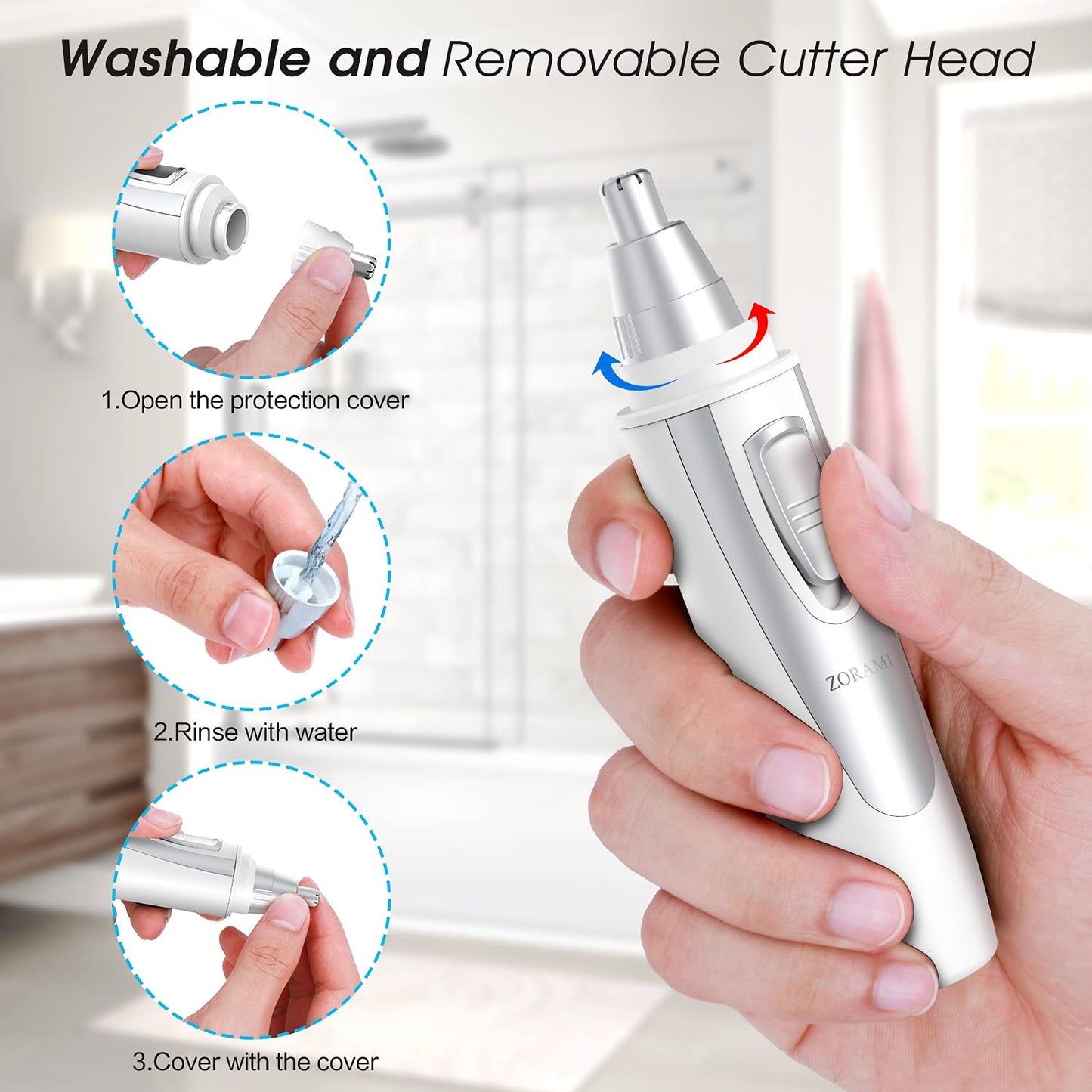 Ear and Nose Hair Trimmer Clipper - 2023 Professional Painless Eyebrow & Facial Hair Trimmer for Men Women, Battery-Operated Trimmer with IPX7 Waterproof, Dual Edge Blades for Easy Cleansing White