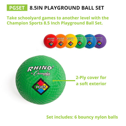 Champion Sports Rhino Playground Ball Set, 8.5"D -Two-Ply, Nylon Wound - Set of 6 Colors