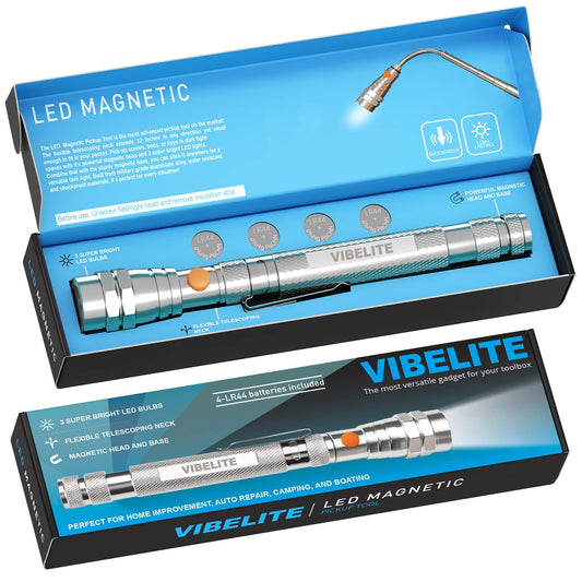 VIBELITE Extendable Magnetic Flashlight with Telescoping Magnet Pickup Tool-Cool Gadgets Gifts Idea & Christmas Stocking Stuffers for Men, Husband,Dad,Father,Mechanic,Tech,Handyman,Him Women, Silver