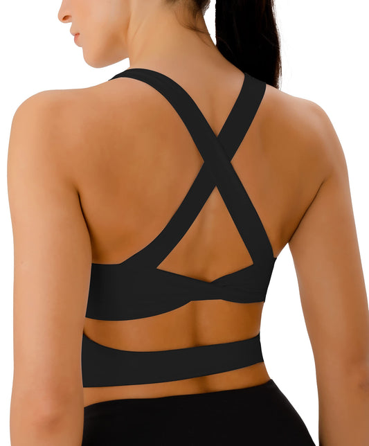 Workout Tops for Women Criss-Cross Back Padded Sports Bras for Women Medium Support Womens Crop Tops Black