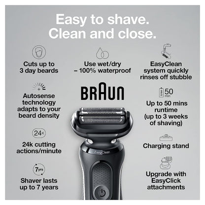 Braun Electric Razor for Men, Waterproof Foil Shaver, Series 5 5050cs, Wet & Dry Shave, With Beard Trimmer and Body Groomer, Rechargeable, Charging Stand Included, Blue