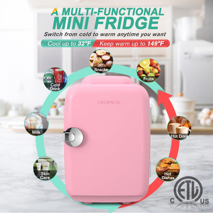 CROWNFUL Mini Fridge, 4 Liter/6 Can Portable Cooler and Warmer Personal Refrigerator for Skin Care, Cosmetics, Beverage, Food,Great for Bedroom, Office, Car, Dorm, ETL Listed (Pink)