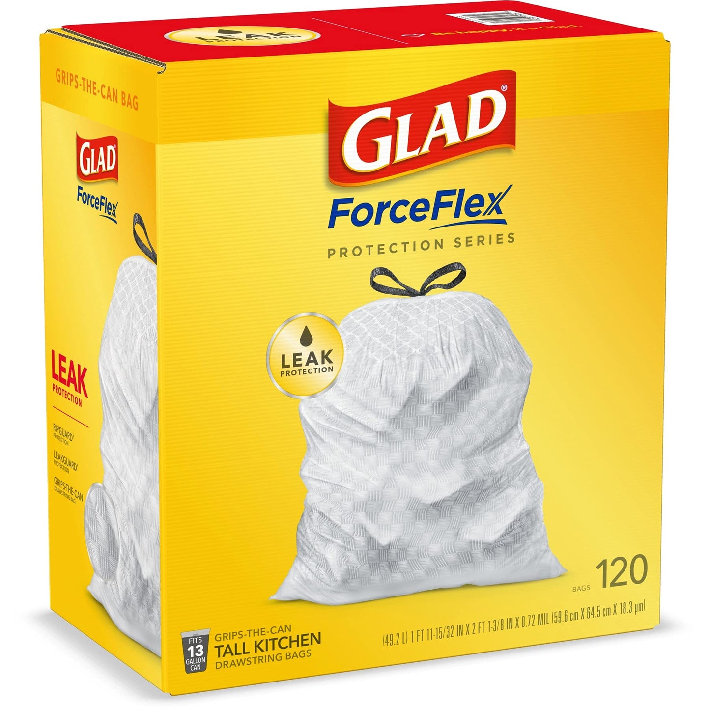 Glad ForceFlex Tall Kitchen Drawstring Trash Bags, 13 Gal, Unscented, 120 Ct, Pack May Vary