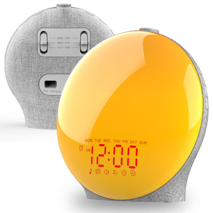 Wake Up Light Sunrise Alarm Clock for Kids, Heavy Sleeper, Bedroom, Full Screen with Sunrise Simulation, Fall Asleep, Dual Alarms, FM Radio, Colorful Lights, Built-in Natural Sounds, Fabric Light Gray