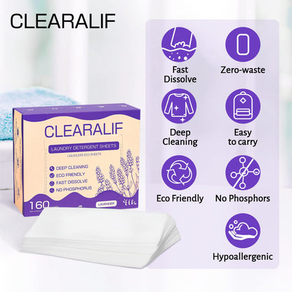 CLEARALIF Laundry Detergent Sheets 80 Sheets (Up to 160 Loads), Lavender - Great For Apartments, Dorms,Laundry Sheets Eco Friendly