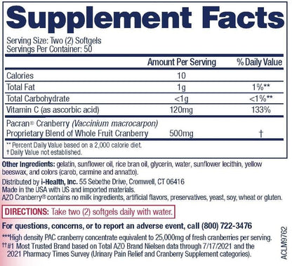 AZO Cranberry Urinary Tract Health Supplement, 1 Serving = 1 Glass of Cranberry Juice, Sugar Free Cranberry Pills, Non-GMO 100 Softgels