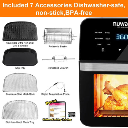 Nuwave Brio 15.5Qt Air Fryer Rotisserie Oven, X-Large Family Size, Powerful 1800W, 4 Rack Positions, 50°-425°F Temp Controls, 100 Presets & 50 Memory, Integrated Smart Thermometer, Linear T Technology