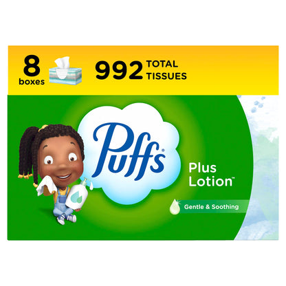 Puffs Plus Lotion Facial Tissues, 8 Family Boxes, 124 Facial Tissues per Box