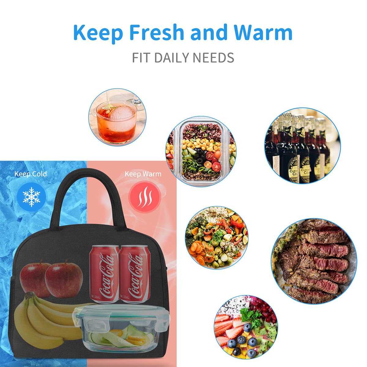 DALINDA Lunch Bag Lunch Box for Women Men Reusable Insulated Lunch Tote Bag,Leakproof Thermal Cooler Sack Food Handbags Case High Capacity forTravel Work School Picnic- Black