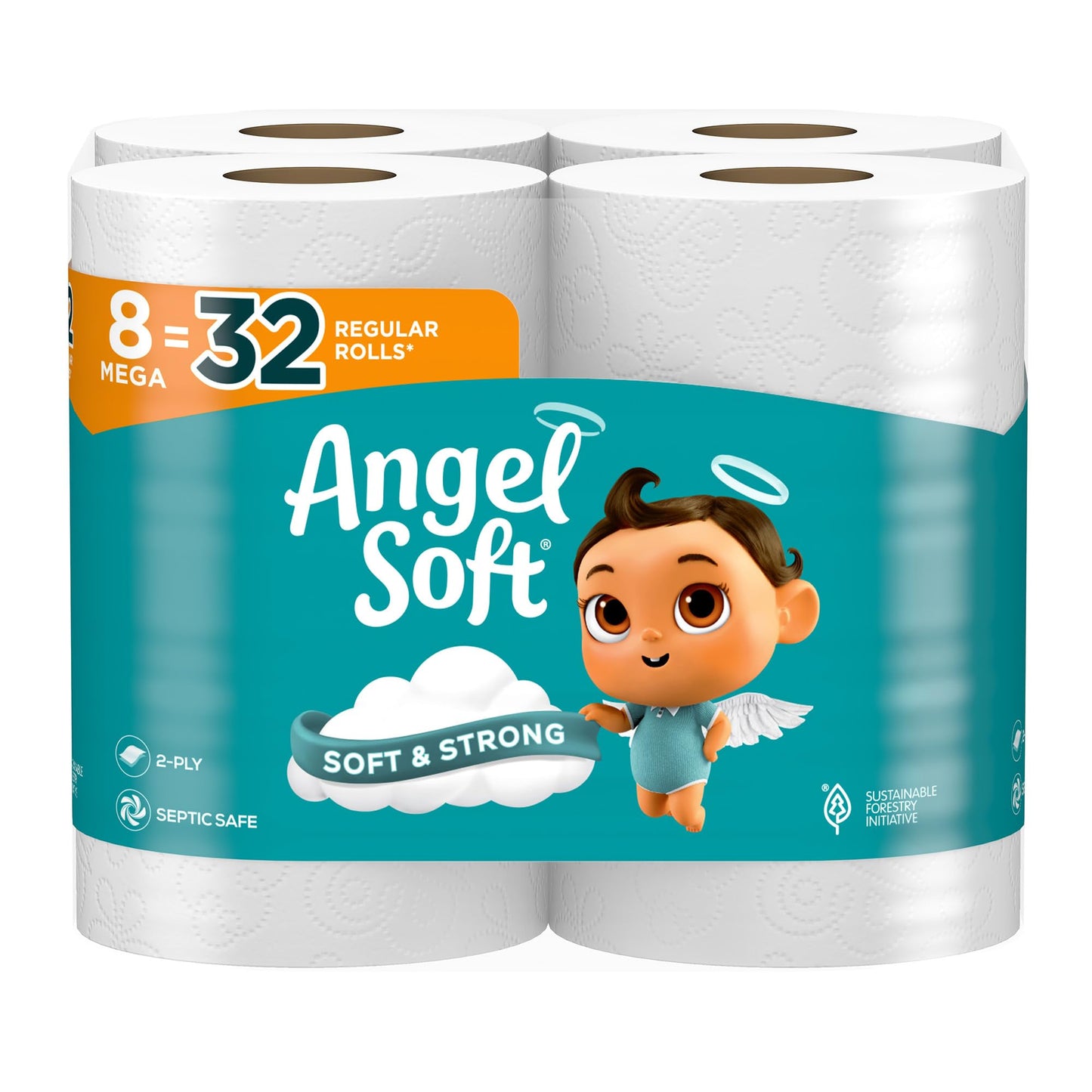 Angel Soft® Toilet Paper, 8 Mega Rolls = 32 Regular Rolls, 2-Ply Bath Tissue, 320 Sheets per Roll, 8 Count, White