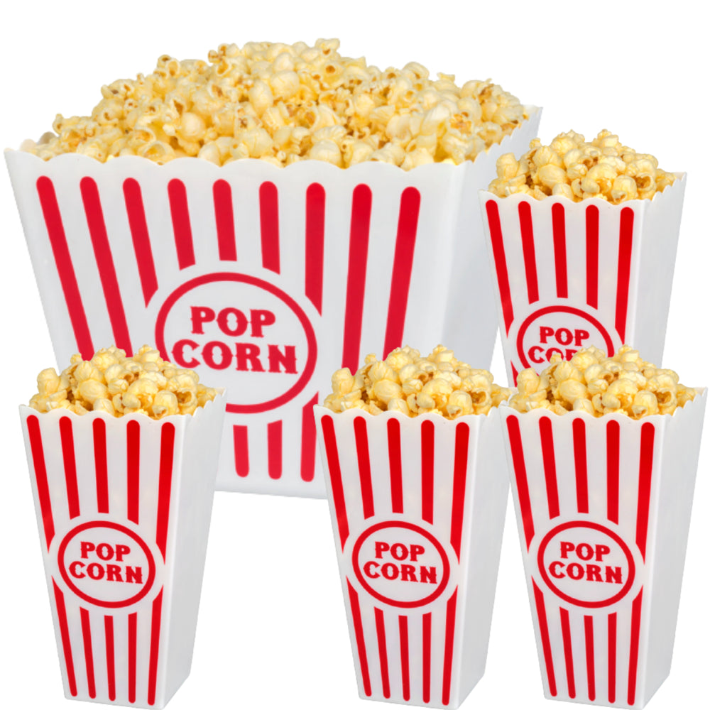 Popcorn Bowl Plastic Classic Tub Red & White Striped, Movie Night Theater Bucket Reusable Set of 5