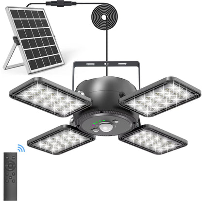 Solar Shed Light Indoor Outdoor 1200LM 144LED Pendant Light, Motion Sensor with Upgrade 5 Lighting Modes & Remote Control 4-Leaf 120°Adjustable Lights for Home Yard Garage