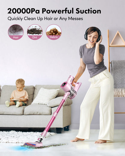 Homeika Cordless Stick Vacuum Cleaner, 20Kpa Powerful Suction Vacuum Cleaner with LED Display, 30 Min Runtime Detachable Battery, 1.5L Dust Cup, for Carpet and Hard Floor Pet Hair (Pink)