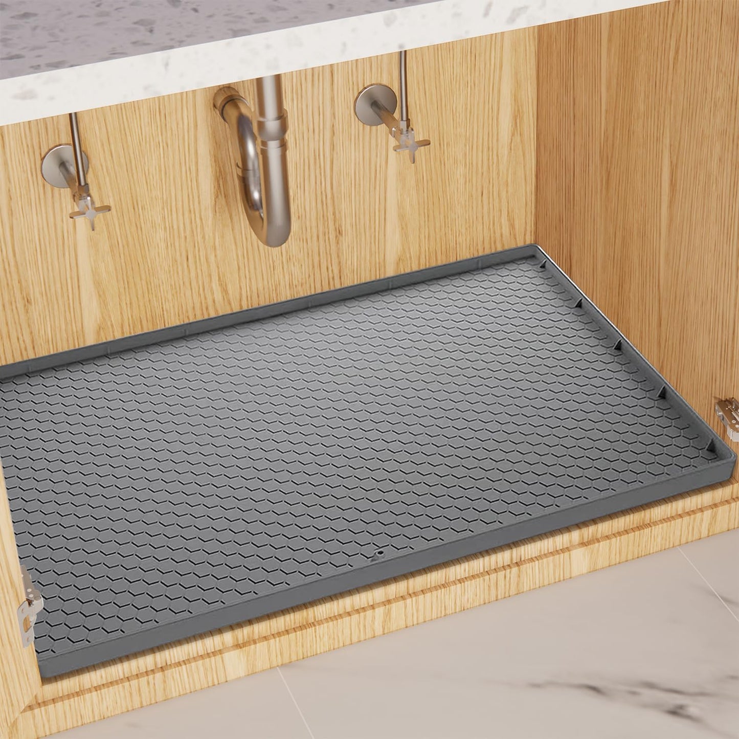 Sdpeia Under Sink Mat for [34" x 22"] Cabinet, Silicone Waterproof Mat, Kitchen Cabinet Liner Holds Over 2.2 Gallons, Cabinet Protector, Under Sink Tray for Drips, Leaks, Spills (Grey)