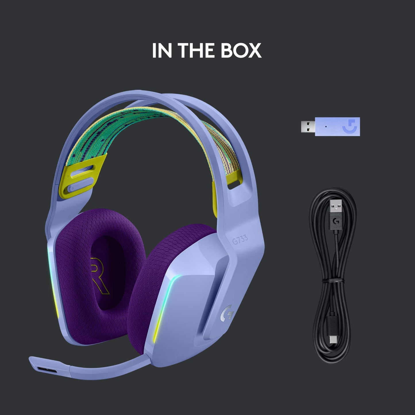 Logitech G733 LIGHTSPEED Wireless Gaming Headset with suspension headband, LIGHTSYNC RGB, Blue VO!CE mic technology and PRO-G audio drivers - Lilac