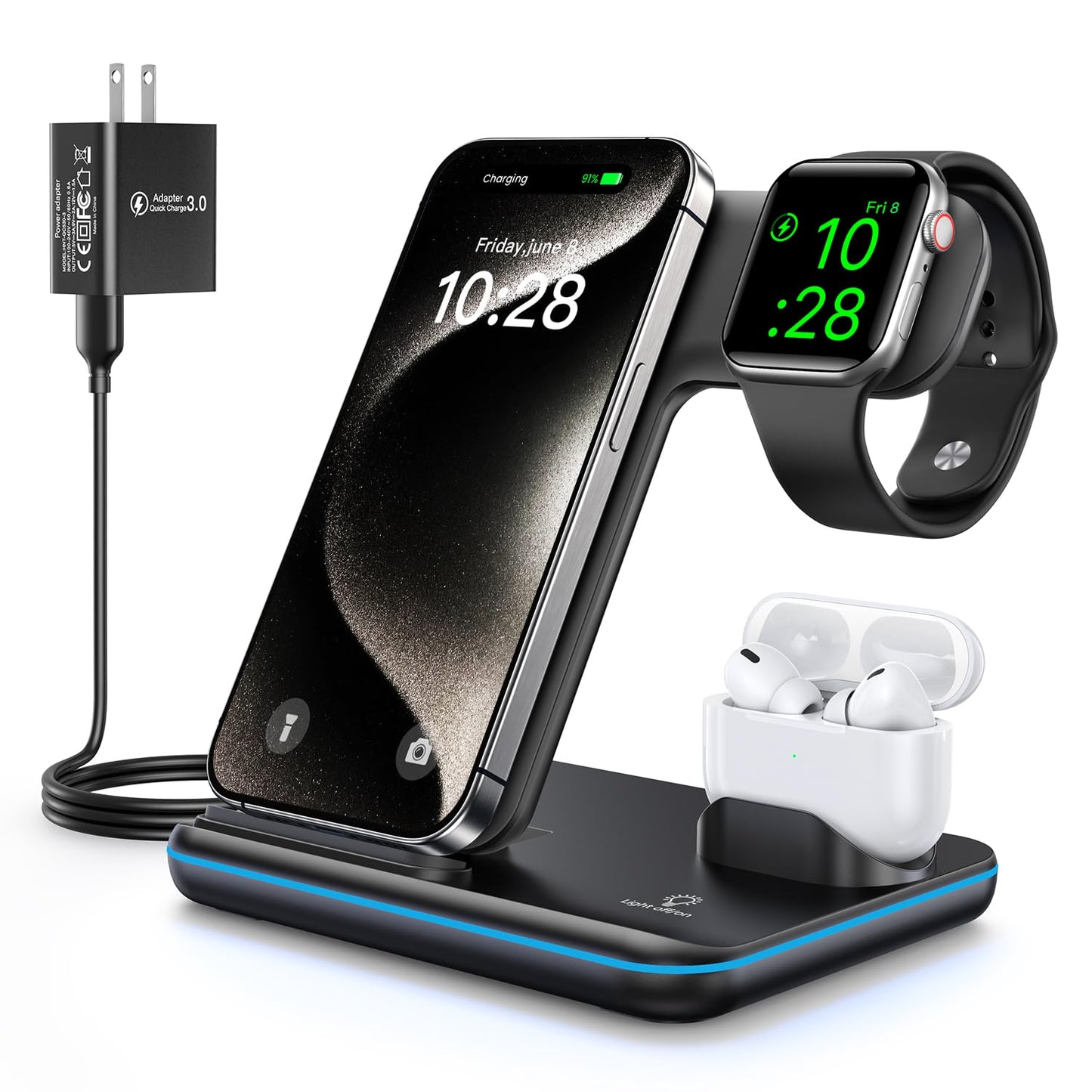 WAITIEE Wireless Charger 3 in 1, 15W Fast Charging Station for Apple Watch 9/8/Ultra 2/Ultra/SE/7/6/5/4/3/2, for AirPods 3/2/1/Pro/Pro 2, for iPhone 15/14/13 /Plus/Pro/Pro Max/12/11/X/Xr/XS/8 (Black)