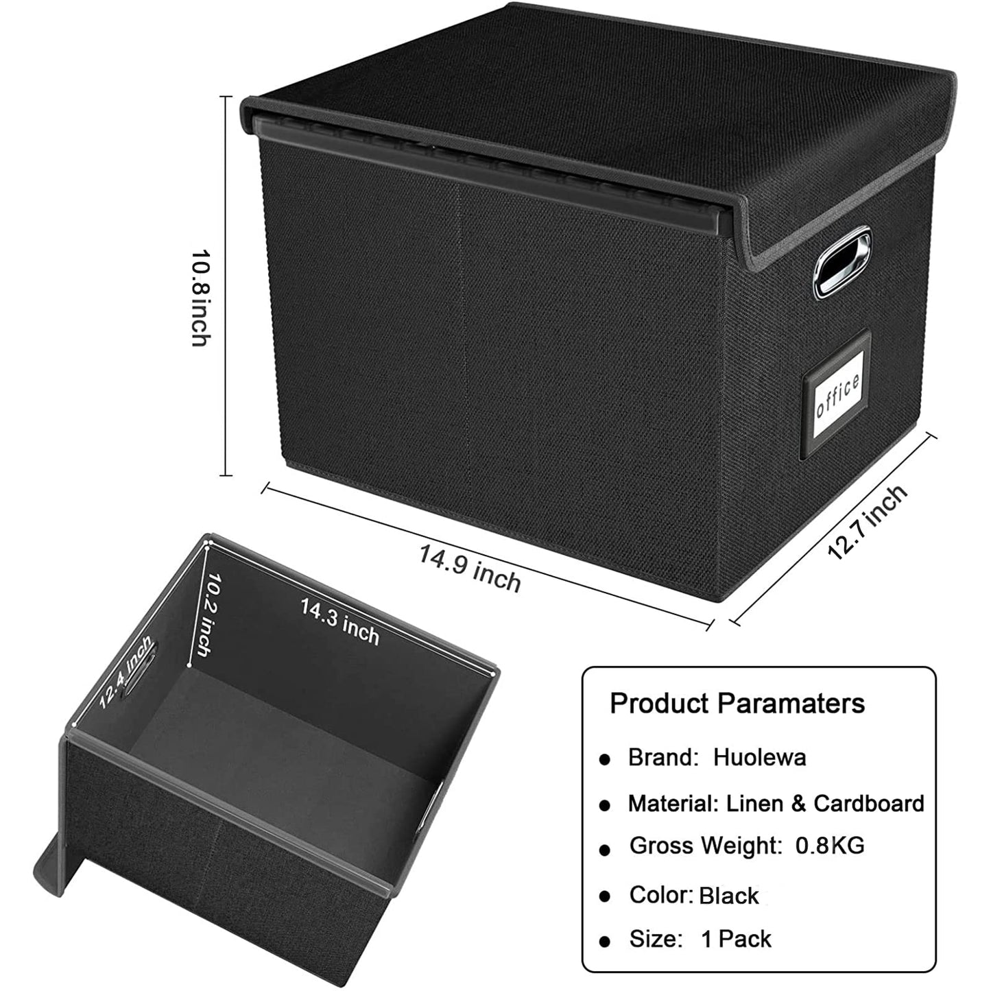 Upgraded Portable File Organizer Box, Huolewa Large Linen Hanging Office Document Storage Box with Lid - Black, Collapsible Filing & Storage Boxes for Office/Decor/Home - 14.9 x 12.7 x 10.8 inch