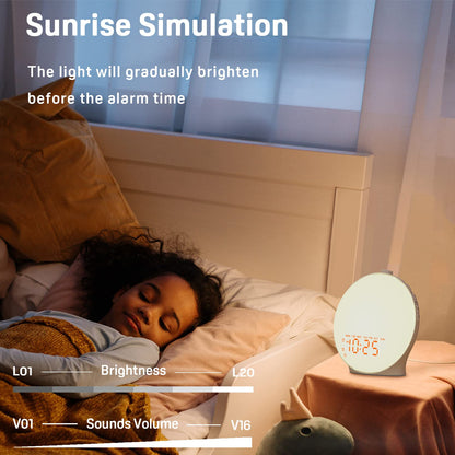 Wake Up Light Sunrise Alarm Clock for Kids, Heavy Sleeper, Bedroom, Full Screen with Sunrise Simulation, Fall Asleep, Dual Alarms, FM Radio, Colorful Lights, Built-in Natural Sounds, Fabric Light Gray